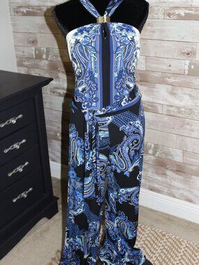 Black Blue Cache Jumpsuit Stretch Paisley Belted Classy Resort Wear Quiet Luxury